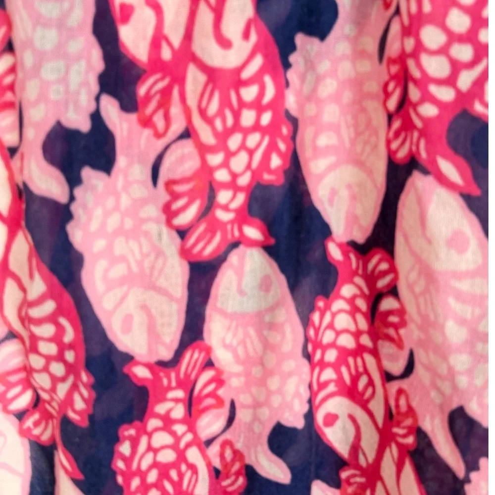 Lilly Pulitzer Murfee Scarf Pink Navy Blue Fish Print Silk Cashmere Coastal Prep